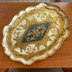Vintage Gold Gilt Italian Florentine Wooden Tray Ornate Serving Tray